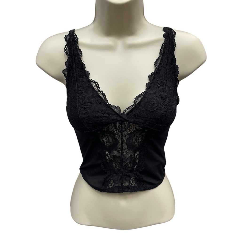 SHEINBAE Black Floral Lace Mesh V-Neck Crop Top Cami Small NWT